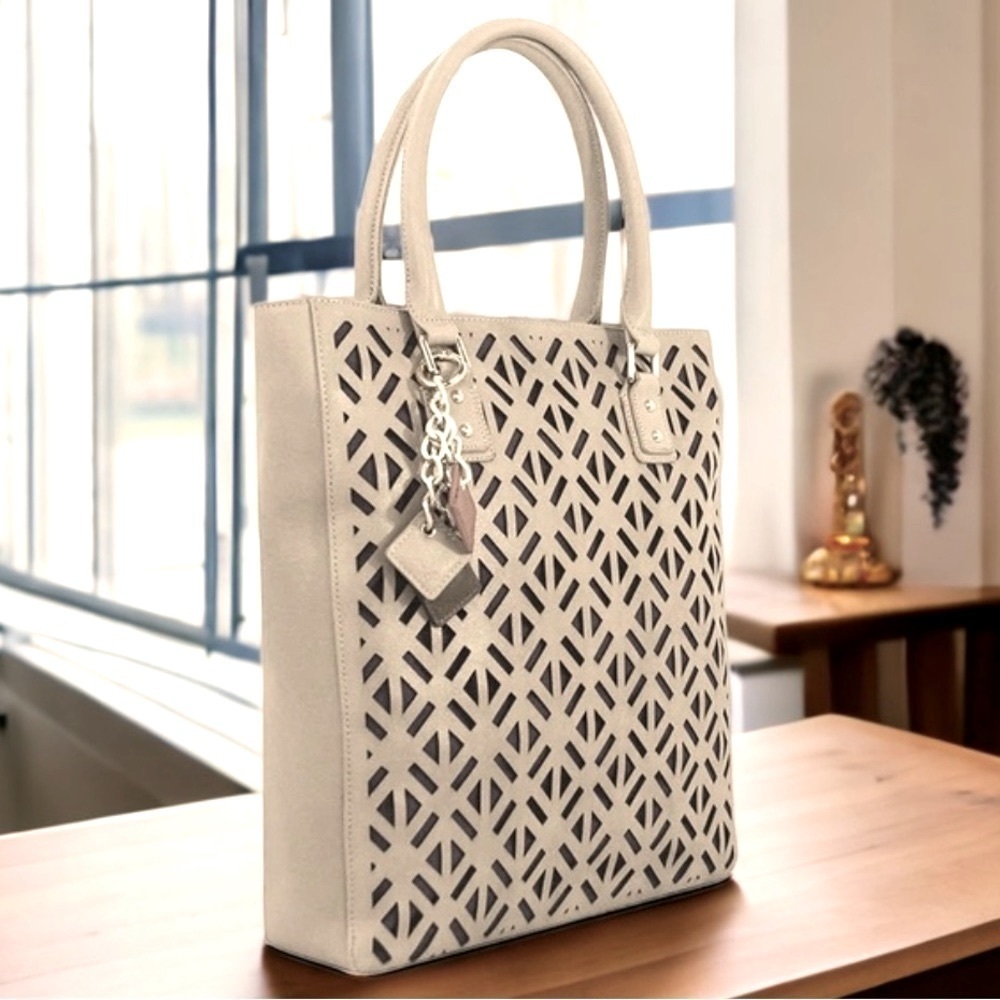 NWT Luminous Leather Tan Satchel Bag Tote Lazer cutout | $109